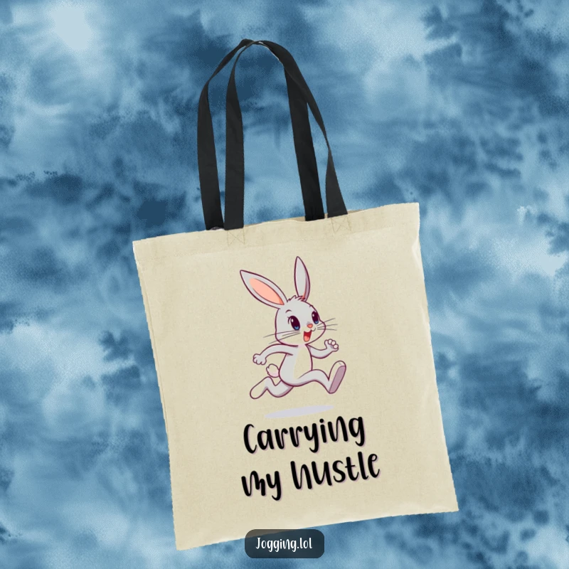 Funny bunny tote bag with a determined character sprinting, showcasing energetic leg movement and a go-getter attitude, an excellent funny gift.