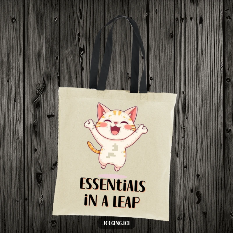 Funny cat tote bag depicting a delighted, leaping character with energetic movements, perfect for carrying items with a smile, a humorous present.