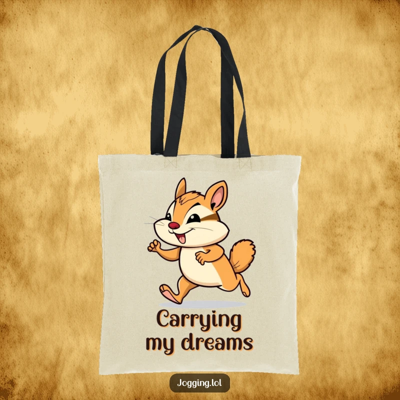 Funny chipmunk tote bag illustrating a smiling rodent in a determined jogging motion, great for carrying essentials humorously.