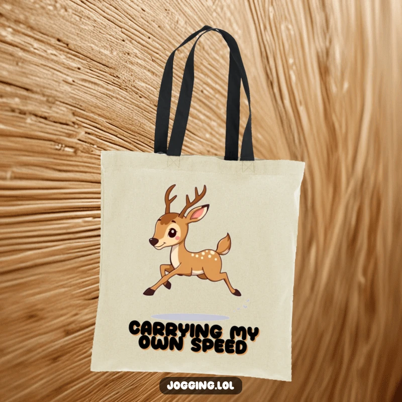 Funny deer jogger, captured mid-graceful leap, on a durable tote bag, perfect for carrying groceries with a humorous, athletic flair.