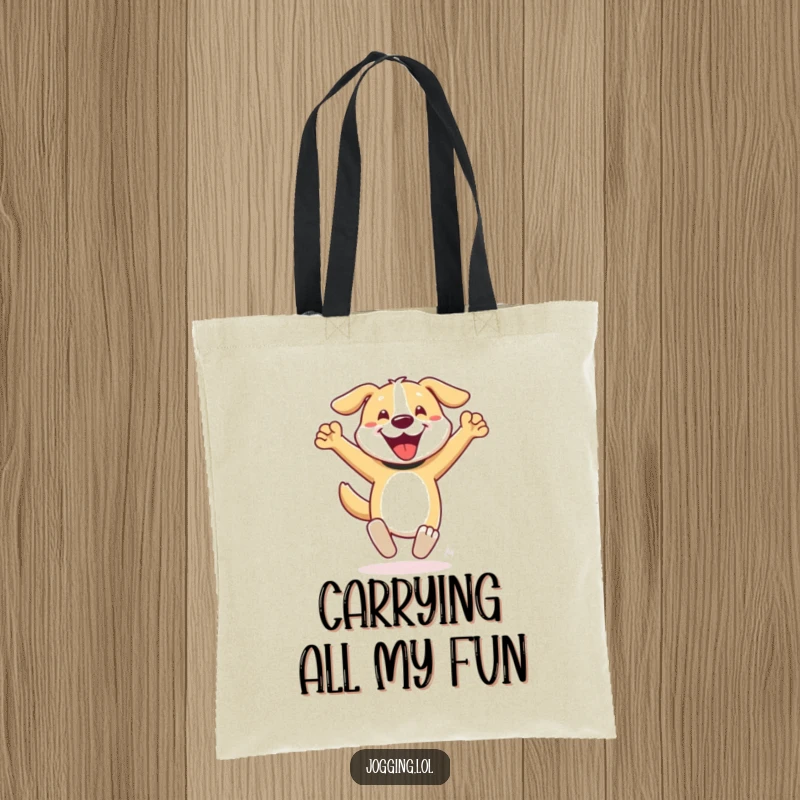 Funny dog tote bag depicting a happy, sprinting character with arms pumping, embodying speed and joy for easy carrying, a humorous present.