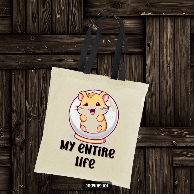 Funny tote bag showcasing a playful hamster character rolling with excitement in a small hamster ball, great for everyday use.
