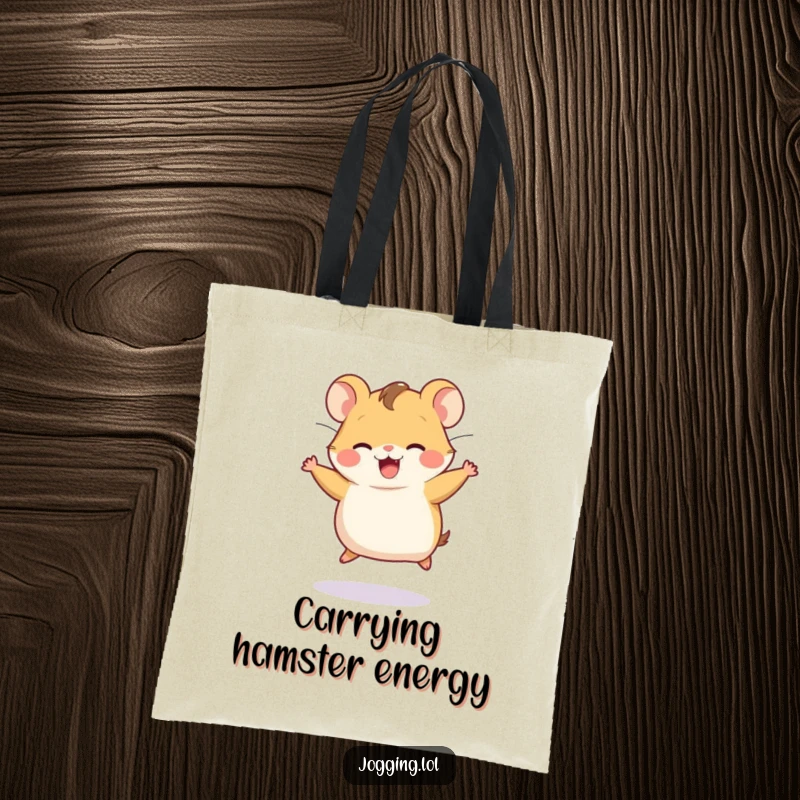 Funny tote bag featuring a joyful hamster character running on an invisible wheel, symbolizing constant motion and happiness.