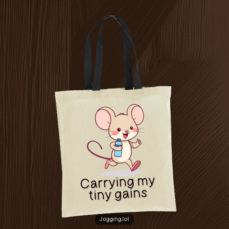 Funny tote bag showcasing a cheerful mouse character jogging with a tiny water bottle, perfect for carrying groceries or gym gear.