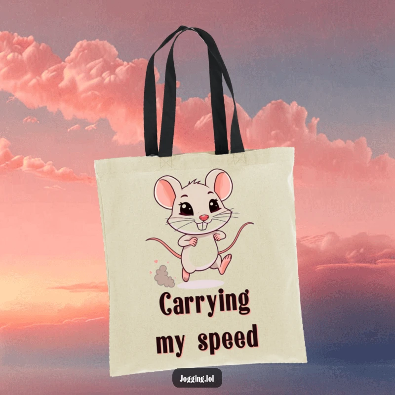 Funny mouse tote bag with a tiny, determined rodent sprinting and leaving a dust cloud. A practical and humorous accessory.