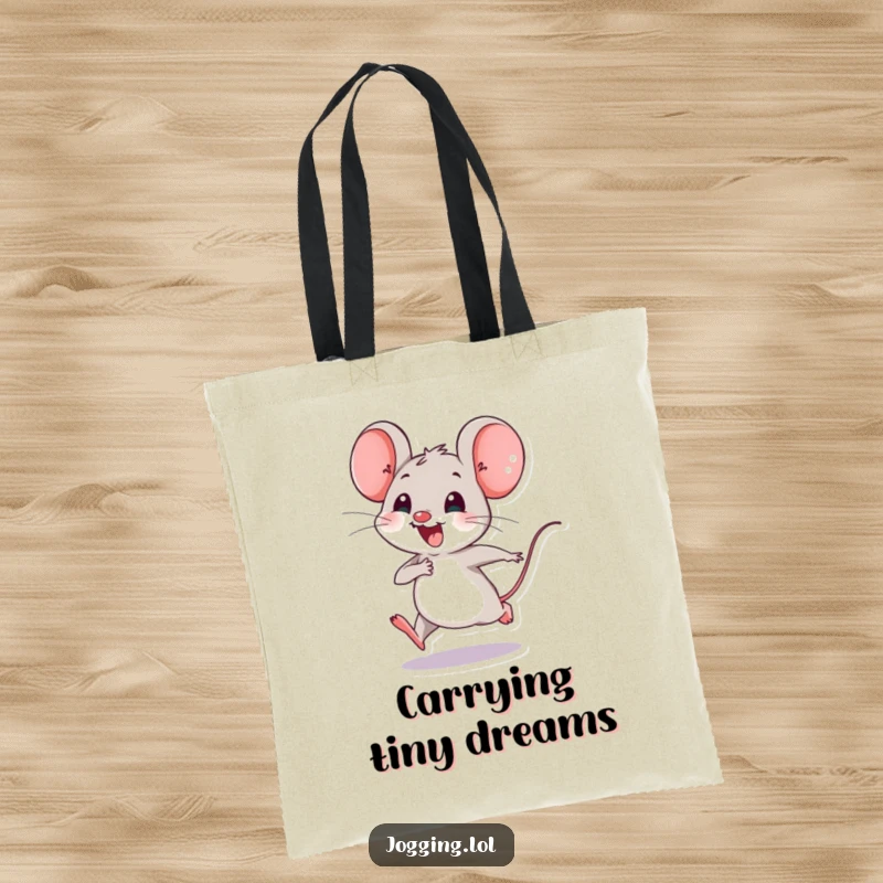Funny tote bag showcasing a joyful mouse character happily speeding along with tiny legs, perfect for everyday use with a humorous theme.