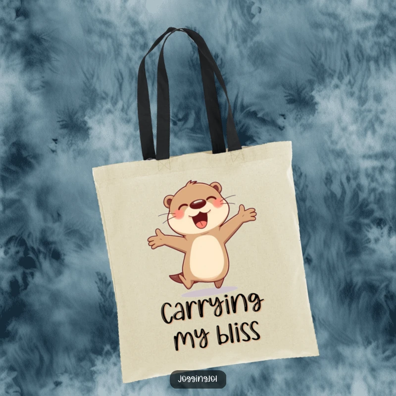 Funny otter tote bag with a cheerful character gleefully bounding, ready to carry essentials with boundless enthusiasm, a practical funny gift.