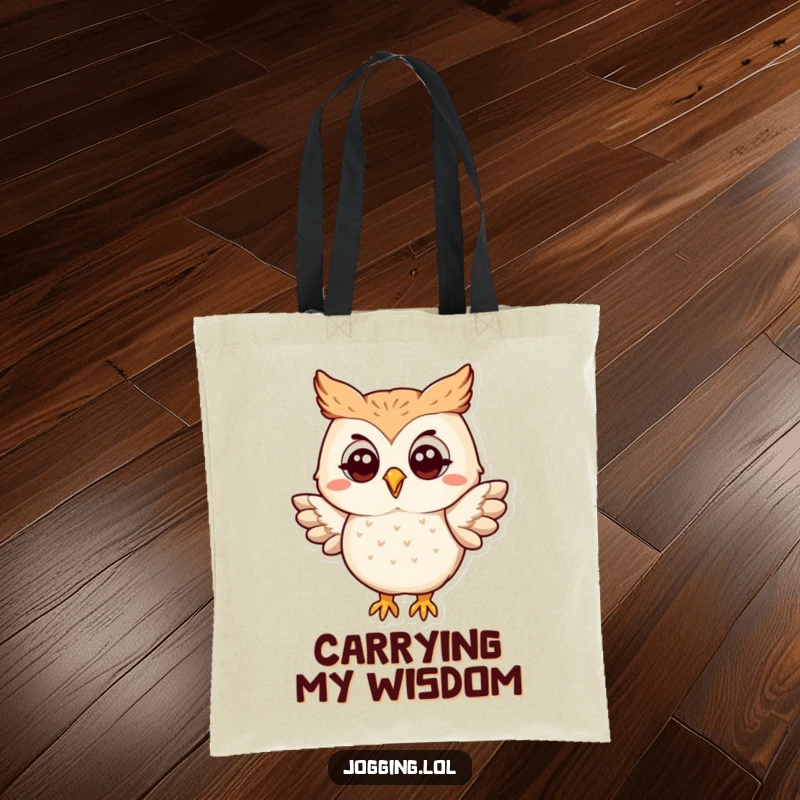 Funny owl tote bag with a happy character slightly flapping its wings, great for shopping and carrying daily essentials with a smile.