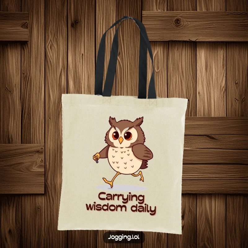 Funny owl tote bag with a determined bird comically jogging using tiny jogging poles. A humorous and practical accessory.