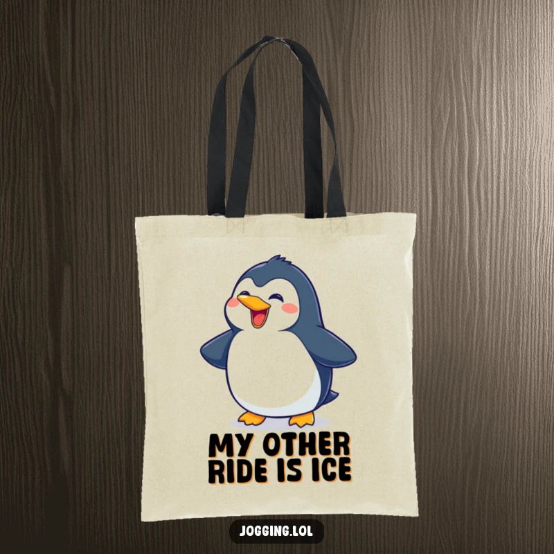 Funny penguin tote bag depicting a delighted character sliding forward with a wide, happy grin, great for shopping and daily use.