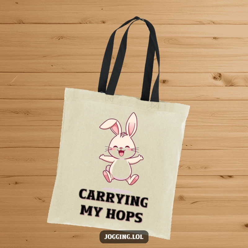 Funny tote bag showing a joyful rabbit comically jogging, ears flopping wildly in a humorous, active design.