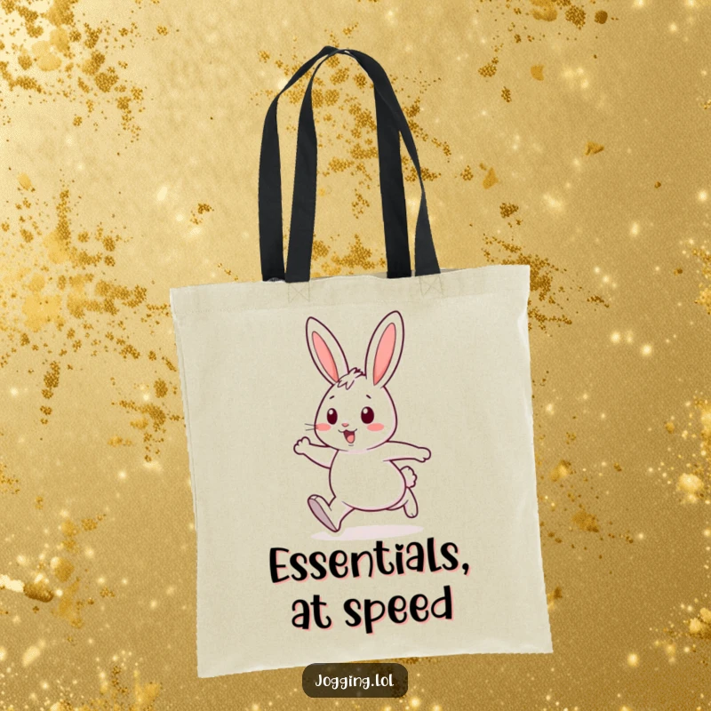 Funny tote bag featuring a cheerful rabbit character with energetic strides, perfect for carrying groceries or daily items with a smile.