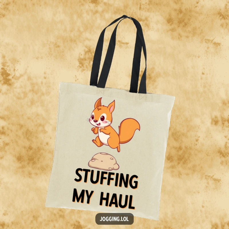 Funny tote bag with a playful squirrel in motion, leaping over an obstacle, perfect for carrying daily items.