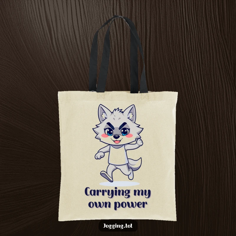 Funny wolf jogger with a confident smile, illustrated on a tote bag, designed for humorous and practical carrying of everyday items.
