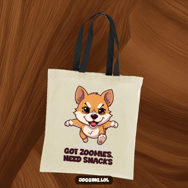Funny dog tote bag showcasing a determined dog character running with a humorous, unwavering focus and an energetic stride.
