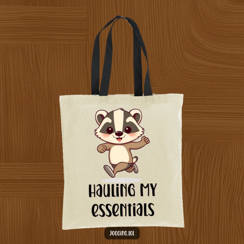 Funny badger jogger with pumping arms, illustrated on a tote bag, designed for humorous and practical carrying of everyday items.