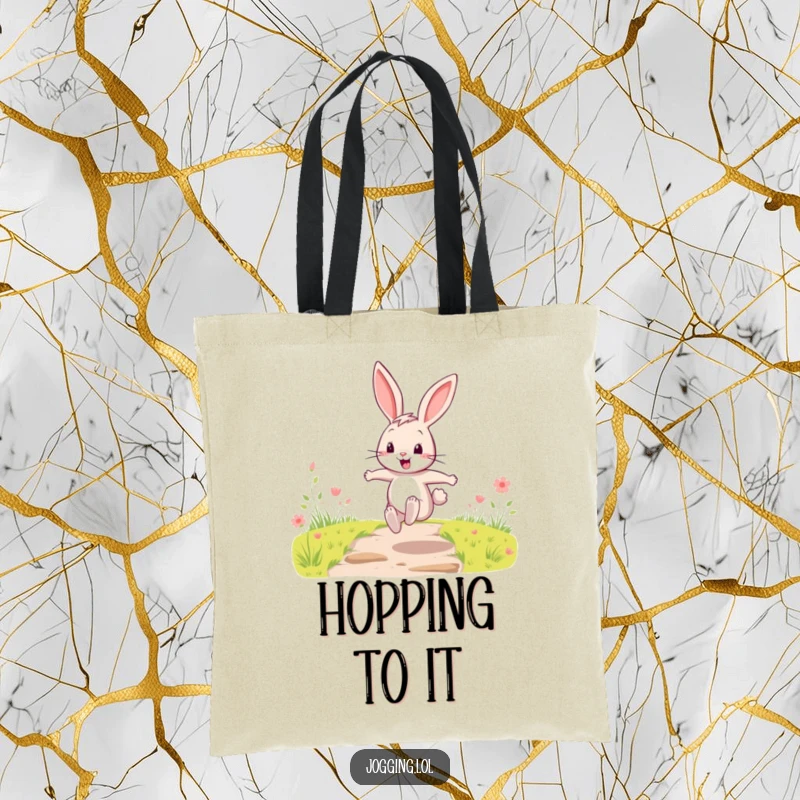 Funny Tote Bag depicting a happy cartoon rabbit character making energetic leaps along a bright, scenic path.