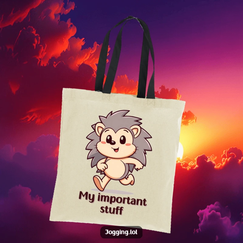 Funny hedgehog tote bag with a happy character running purposefully, symbolizing focus and efficiency for carrying daily items, an excellent funny gift.